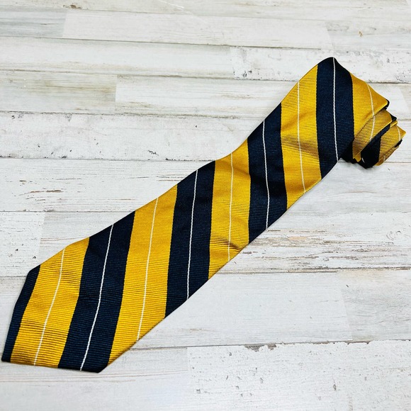 Paul Fredrick Neck Tie Mens Yellow Blue Striped 100% Italian Silk Business Event - Picture 1 of 5